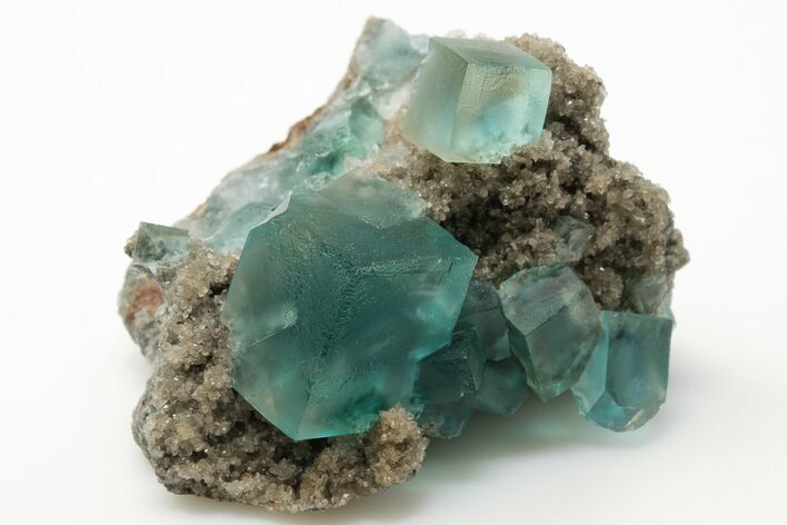 Cubic, Blue-Green Zoned Fluorite Crystals on Quartz - China #197159